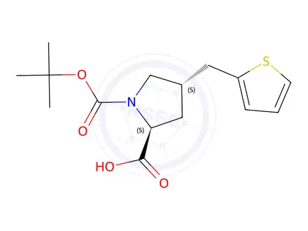 Chemical structure of (2S,4S)-1-(tert-butoxycarbonyl)-4-(thiophen-2-ylmethyl)pyrrolidine-2-carboxylic acid