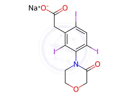 Chemical structure of 3-(3-Oxomorpholino)-2,4,6-triiodophenylacetic acid sodium salt