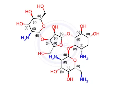 Chemical structure of 5-O-[3-O-(2-Amino-2-deoxy-β-L-idopyranosyl)-β-D-ribofuranosyl]-4-O-(2,6-diamino-2,6-dideoxy-α-D-glucopyranosyl)-3-amino-2,3-dideoxy-D-myo-inositol