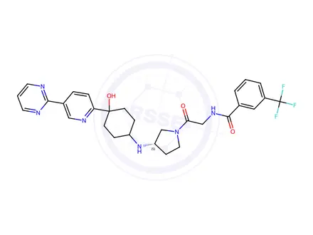 Chemical structure of Benzamide, N-[2-[(3S)-3-[[4-hydroxy-4-[5-(2-pyrimidinyl)-2-pyridinyl]cyclohexyl]amino]-1-pyrrolidinyl]-2-oxoethyl]-3-(trifluoromethyl)-