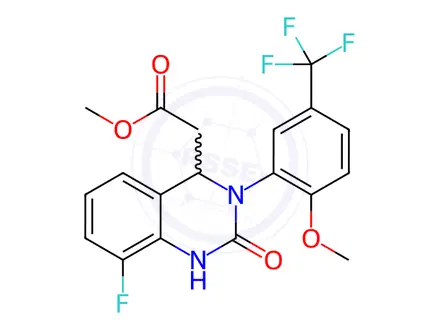 Chemical structure of Methyl (RS)-2-(8-fluoro-3-(2-methoxy-5-(trifluoro methyl)phenyl)-2-oxo-1,2,3,4-tetrahydroquinazolin-4-yl)acetate