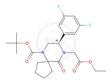Chemical structure of (R)-tert-butyl 8-(3,5-difluorophenyl)-9-(2-ethoxy-2-oxoethyl)-10-oxo-6,9-diazaspiro[4.5]decane-6-carboxylate