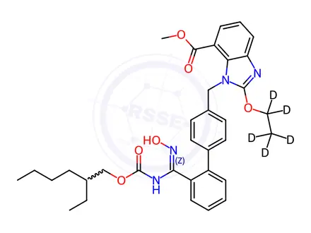 Chemical structure of N-[2-Ethoxy-d5-1-[[2'-[(hydroxyamino)methyl][1,1'-biphenyl]-4-yl]methyl]-1H-benzimidazole-7-carboxylic Acid Methyl Ester]carbamic Acid 2-Ethylhexyl Ester