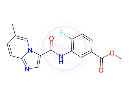 Chemical structure of 4-Fluoro-3-[(6-methyl-imidazo[1,2-a]pyridine-3-carbonyl)-amino]-benzoic acid methyl ester