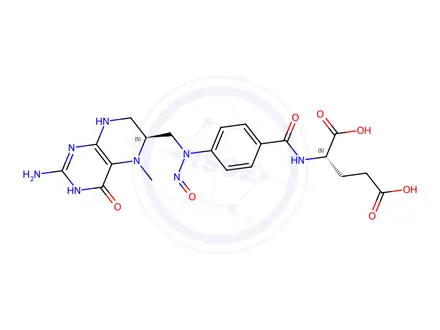 Chemical structure of (S)-2-(4-((((S)-2-amino-5-methyl-4-oxo-3,4,5,6,7,8-hexahydropteridin-6-yl)methyl)(nitroso)amino)benzamido)pentanedioic acid
