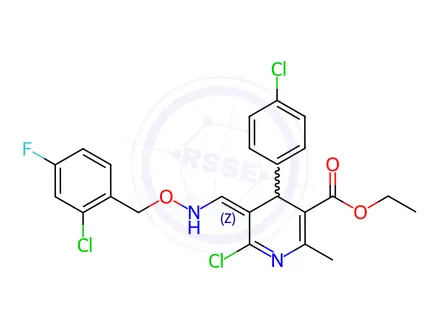 Chemical structure of Ethyl 6-chloro-5-[(1E)-{[(2-chloro-4-fluorophenyl)methoxy]imino}methyl]-4-(4-chlorophenyl)-2-methyl-1,4-dihydropyridine-3-carboxylate