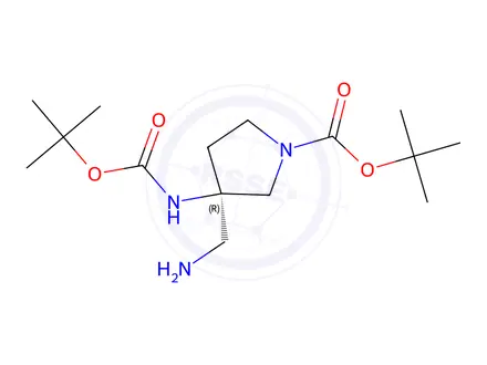 Chemical structure of tert-butyl (3R)-3-(aminomethyl)-3-(tert-butoxycarbonylamino)pyrrolidine-1-carboxylate
