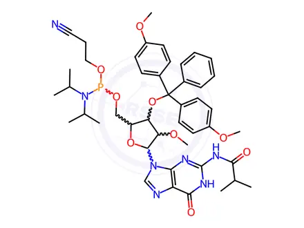Chemical structure of Phosphoramidites Impurity 45 (3'DMT-2'OMe-G(ibu) CEP)