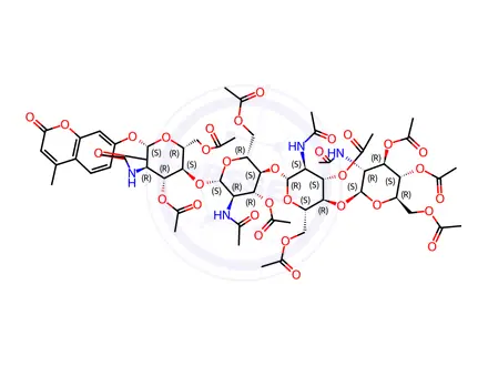 Chemical structure of 4-Methylumbelliferyl β-Chitotetraose Tridecaacetate