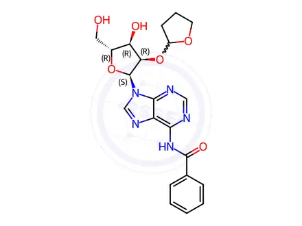Chemical structure of N-(9-((2R,3R,4R,5R)-4-Hydroxy-5-(hydroxymethyl)-3-(((S)-tetrahydrofuran-2-yl)oxy)tetrahydrofuran-2-yl)-9H-purin-6-yl)benzamide