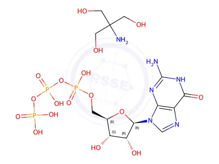 Chemical structure of Guanosine 5′-triphosphate Tritris Salt