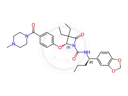 Chemical structure of (S)-N-((R)-1-(Benzo[d][1,3]dioxol-5-yl)butyl)-3,3-diethyl-2-(4-(4methyl-piperazine-1-carbonyl)phenoxy)-4-oxoazetidine-1-carboxamide (3.5% w/w solution)
