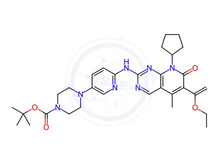 Chemical structure of tert-butyl4-(6-((8-cyclopentyl-6-(1-ethoxyvinyl)-5-methyl-7-oxo-7,8-dihydropyrido[2,3-d]pyrimidin-2-yl)amino)pyridin-3-yl)piperazine-1-carboxylate
