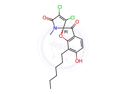 Chemical structure of Spiro[benzofuran-2(3H),2'-[2H]pyrrole]-3,5'(1'H)-dione, 3',4'-dichloro-7-hexyl-6-hydroxy-1'-methyl-, (2R)-