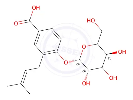 Chemical structure of 4-(β-D-Glucopyranosyloxy)-3-(3-methyl-2-buten-1-yl)-benzoic Acid