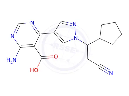 Chemical structure of 4-amino-6-(1-(2-cyano-1-cyclopentylethyl)-1H-pyrazol-4-yl)pyrimidine-5-carboxylic acid