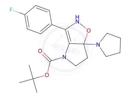 Chemical structure of 3-(4-Fluoro-phenyl)-6a-pyrrolidin-1-yl-2,5,6,6a-tetrahydro-1-oxa-2,4-diaza-pentalene-4-carboxylic acid tert-butyl ester