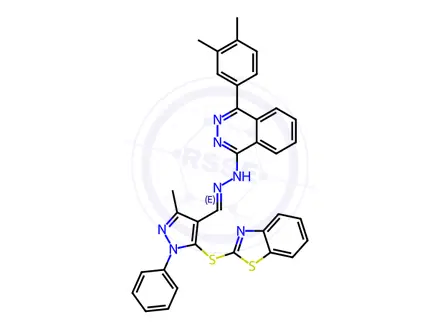 Chemical structure of N-[(E)-[5-(1,3-benzothiazol-2-ylsulfanyl)-3-methyl-1-phenylpyrazol-4-yl]methylideneamino]-4-(3,4-dimethylphenyl)phthalazin-1-amine
