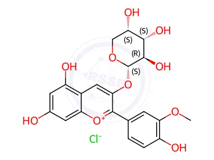 Chemical structure of (2S,3S,4R,5R)-2-[5,7-Dihydroxy-2-(4-hydroxy-3-methoxyphenyl)chromenylium-3-yl]oxyoxane-3,4,5-triol;c