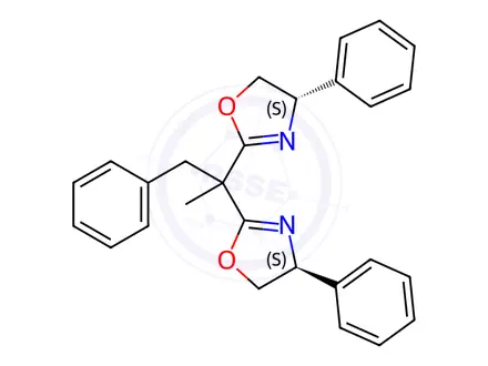 Chemical structure of (4S,4S)-2,2-(1-Phenylpropane-2,2-diyl)bis(4-phenyl-4,5-dihydrooxazole) (S)-BnPh-SaBOX