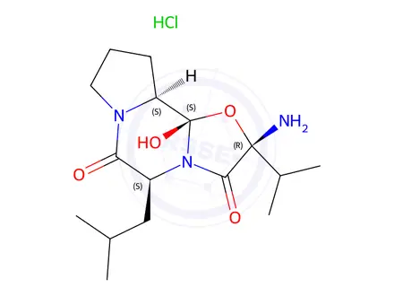Chemical structure of 2β-Amino-9,10,10aα,10b-tetrahydro-10bβ-hydroxy-5β-isobutyl-2-isopropyl-8H-Oxazolo[3,2-a]pyrrolo[2,1-c]pyrazine-3,6(2H,5H)-dione Hydrochloride Salt Discontinued-unstable