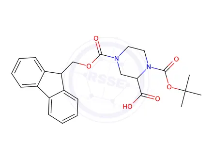 Chemical structure of 4-(((9H-Fluoren-9-yl)methoxy)carbonyl)-1-(tert-Butoxycarbonyl)piperazine-2-carboxylicacid