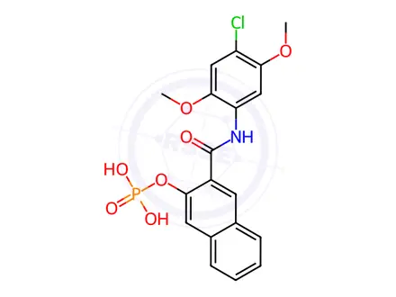 Chemical structure of N-(4-chloro-2,5-dimethoxyphenyl)-3-(phosphonooxy)naphthalene-2-carboxamide