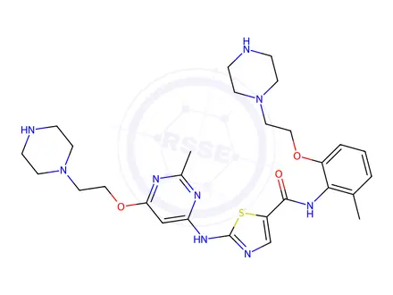 Chemical structure of N-(2-Methyl-6-(2-(piperazin-1-yl)ethoxy)phenyl)-2-((2-methyl-6-(2-(piperazin-1-yl)ethoxy)pyrimidin-4-yl)amino)thiazole-5-carboxamide