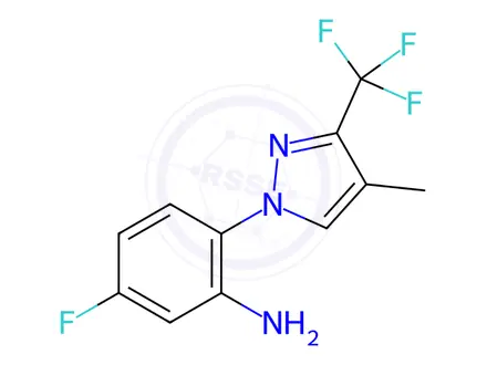 Chemical structure of 5-fluoro-2-[4-methyl-3-(trifluoromethyl)-1H-pyrazol-1-yl]aniline