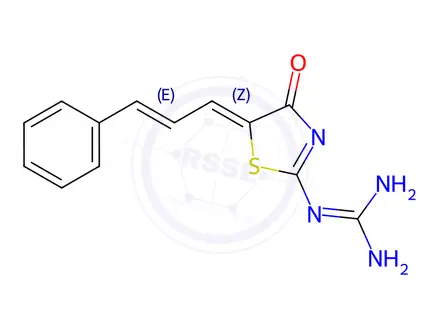 Chemical structure of N-[(5Z)-4-Oxo-5-[(2E)-3-phenylprop-2-en-1-ylidene]-4,5-dihydro-1,3-thiazol-2-yl]guanidine