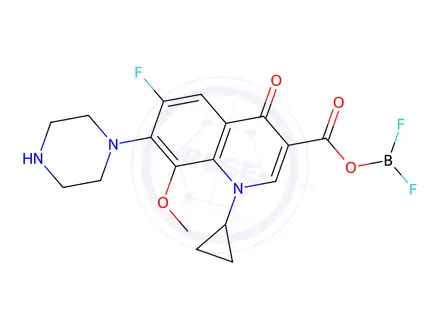 Chemical structure of 1-cyclopropyl-3-(((difluoroboryl)oxy)carbonyl)-6-fluoro-8-methoxy-7-(piperazin-1-yl)quinolin-4(1H)-one