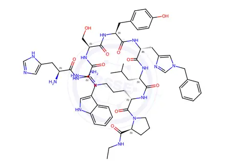 Chemical structure of (D-HIS(BZL)6,PRO-NHET9)-LHRH (2-9)