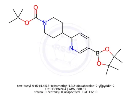 Chemical structure of tert-butyl 4-(5-(4,4,5,5-tetramethyl-1,3,2-dioxaborolan-2-yl)pyridin-2-yl)piperidine-1-carboxylate
