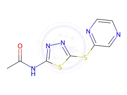 Chemical structure of N-(5-(pyrazin-2-ylthio)-1,3,4-thiadiazol-2-yl)acetamide