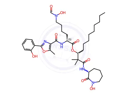 Chemical structure of Lysine, N6-formyl-N6-hydroxy-N2-[[2-(2-hydroxyphenyl)-5-methyl-4-oxazolyl]carbonyl]-, 1-[2-[(hexahydro-1-hydroxy-2-oxo-1H-azepin-3-yl)amino]-1,1-dimethyl-2-oxoethyl]decyl ester