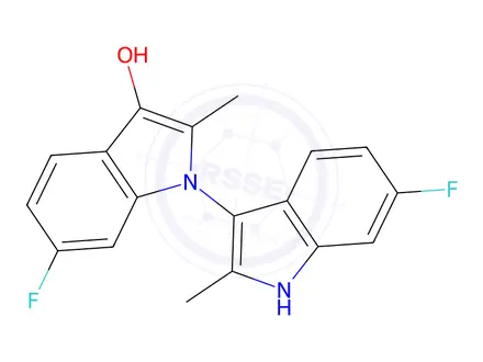 Chemical structure of 6,6'-difluoro-2,2'-dimethyl-1'H-[1,3'-biindol]-3-ol