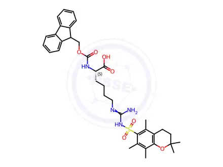 Chemical structure of Fmoc-Nomega-(2,2,5,7,8-pentamethylchroman-6-sulfonyl)-L-homoarginine