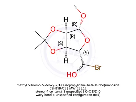 Chemical structure of methyl 5-bromo-5-deoxy-2,3-O-isopropylidene-beta-D-ribofuranoside